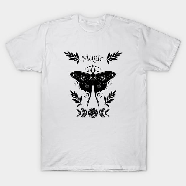 Magic black and white night moth lunar cycle T-Shirt by Ieva Li ART